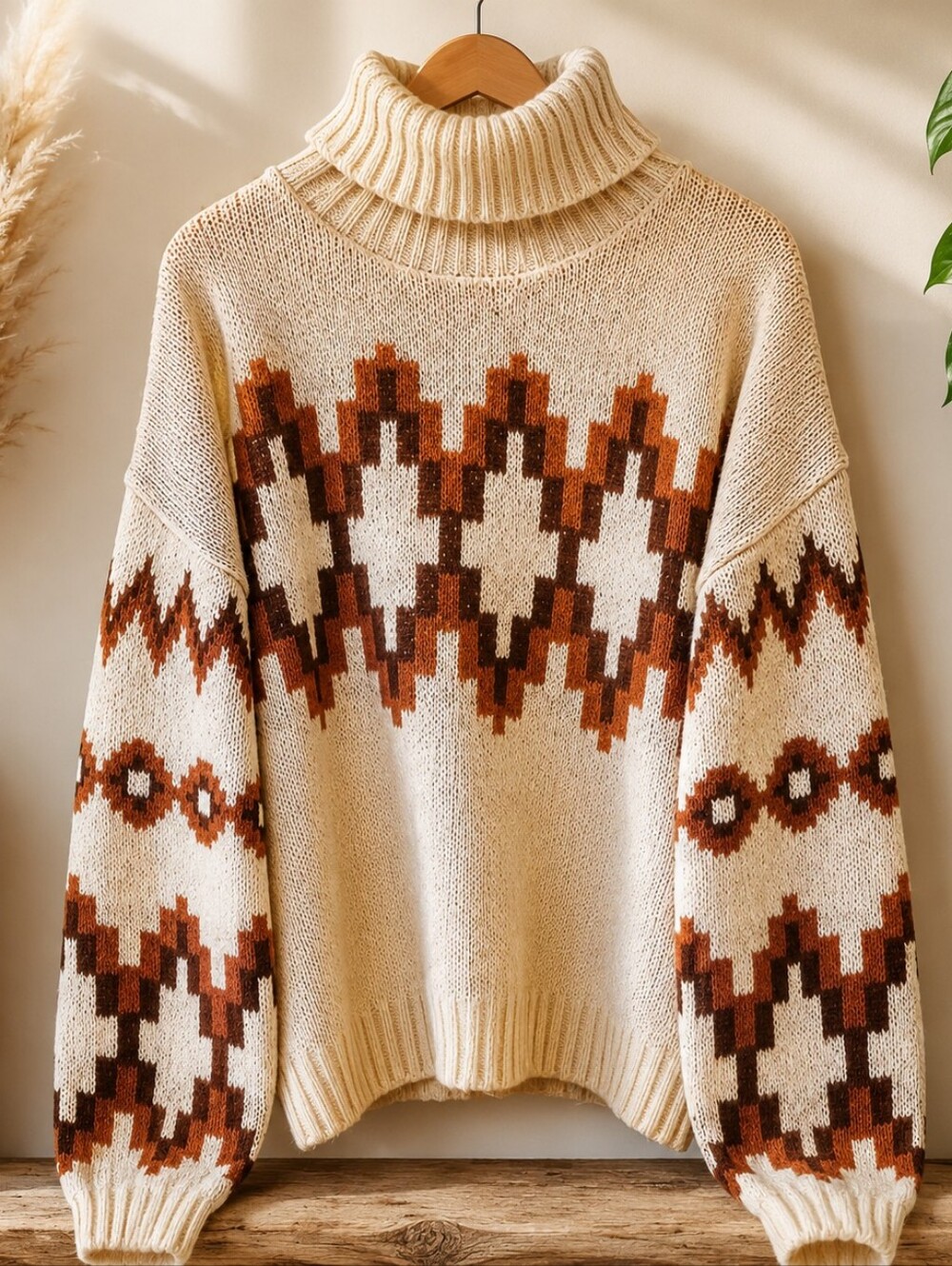 Vigoss Cream & Brown Geometric Turtleneck Sweater M